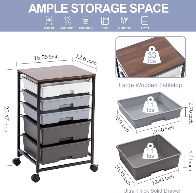 SYKIARIOL Utility Cart with Drawers,5 Drawers Storage Cart,Dark Grey | 5-Tiers Storage Cart with Drawers with Lockable Wheels for Craft Organizers and Storage,Home Office,Classroom,Dorm,Playroom - Image 3