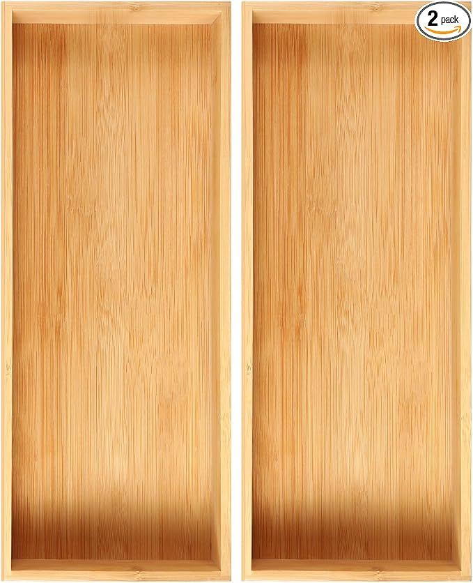 Fabsome Kitchen Utensil Drawer Organizer, Bamboo Silverware Cutlery Flatware Organizer Bins, Wooden Container Storage Trays for Bathroom Vanity Junk Drawer, 15" x 6" Set of 2 by Fabsome