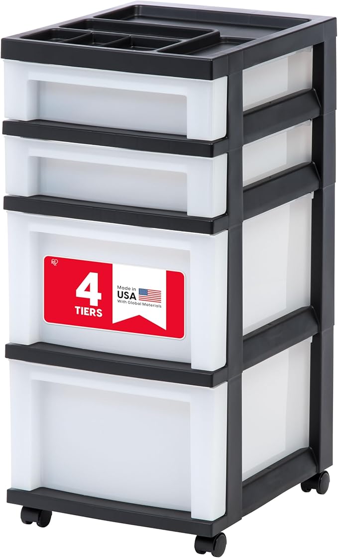 IRIS USA 4-Drawer Rolling Storage Cart with Organizer Top, Black/Pearl | Keep craft supplies, office essentials, classroom items, and accessories organized with easy-access drawers for daily use by IRISUSA