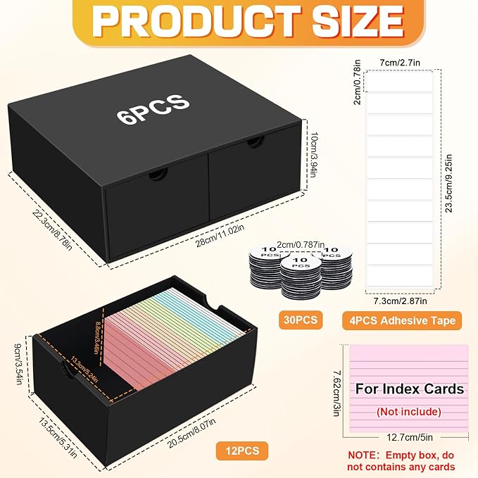 6 Packs Index Cards Box,3x5 Index Card Holder with Lid,2-Compartment Black Index Card Storage Organizer for 3'x5' Note Cards, Recipe Cards, Flashcards Office Organization - Image 2