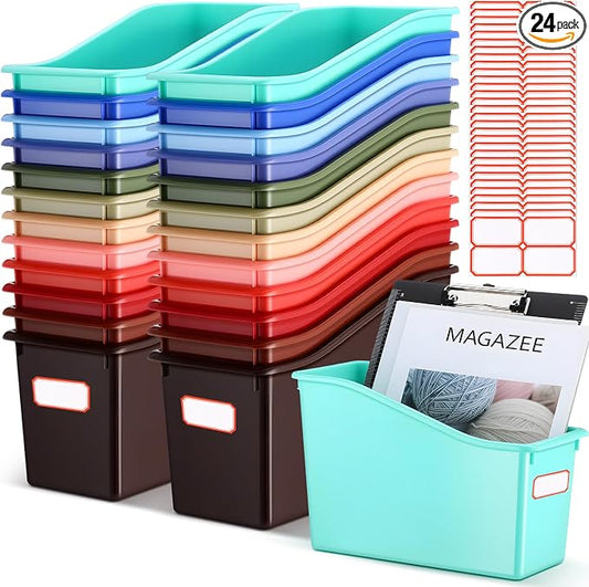 Teling 24 Pcs Plastic Book Bins Bulk for Classroom Interlocking Magazine Holder Organizer Folder Binder Storage Container Box with Name Labels for School Office Home Supply (Retro Earth Tone) by Teling
