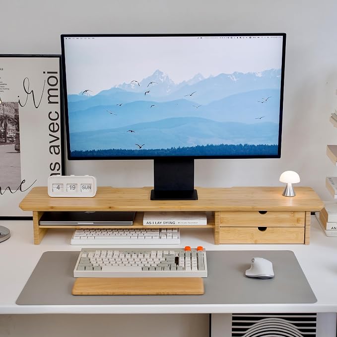 Bamboo Dual Monitor Stand, Natural Desk Shelf with Storage | 39.3 inch Monitor Riser with 2 Drawers, Desk Stand with Cable Management for Home Office, Printer, Laptop - Image 8