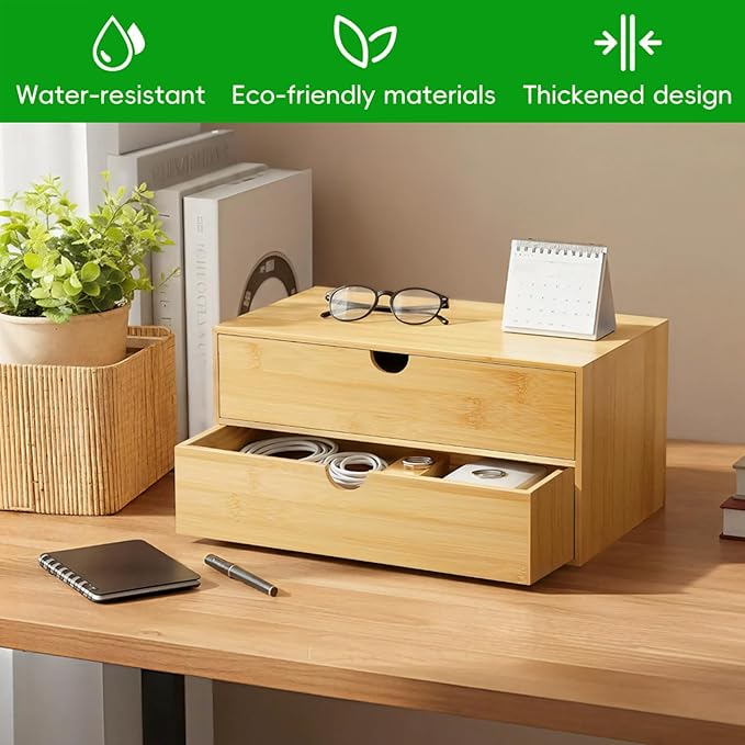 Neando Bamboo Desk Organizer with 2 Drawers, Wooden Countertop Drawers Organizer, Tabletop Storage Organization Box for Office & Home, No Assembly Needed - Image 2