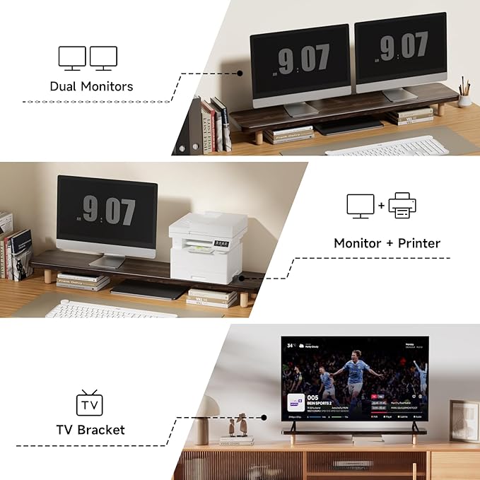 Dual Monitor Stand Riser, 39 Inch Extra Long Wooden Desktop Monitor Riser with Storage for 2 Monitors Ultra Strong Desk Shelf Organizer Riser Ergonomic for 2 Screens/Laptop/PC/TV/Printer (Dark Walnut, 39inches) - Image 6