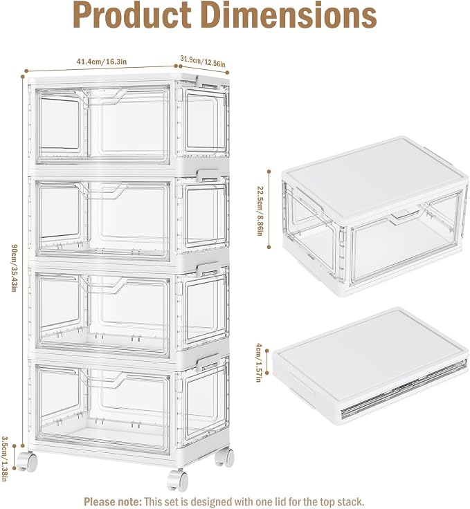 Kmiectse Clear Storage Bins with Lids - 4 Tier 32qt Plastic Stackable Bins | Clear Storage Bins with Lids - 4 Tier Plastic Bins with Wheels, Stackable Storage Bins, Closet Organizers Box - Image 2