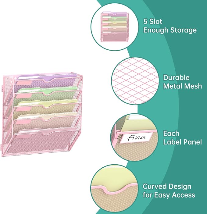 5 Tier Wall File Organizer, Hanging Wall Mounted Mail Organizer with Label Slots, Metal Mesh File Holder Magazine Rack for Office, Home, School, Pink - Image 2