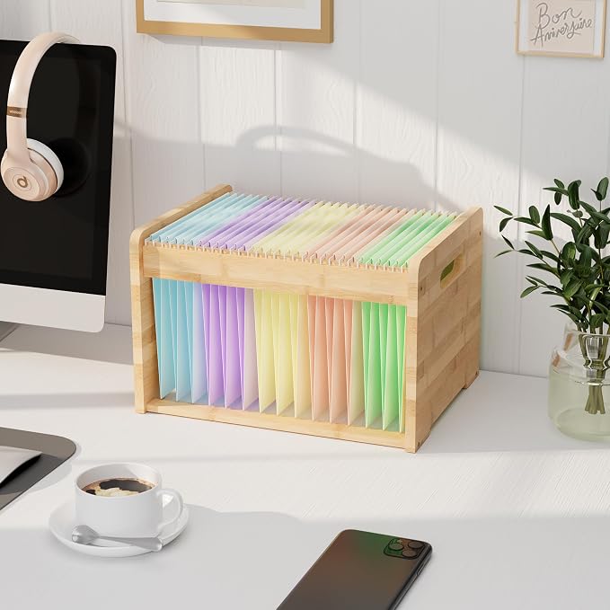 Bamboo Hanging File Organizer, Desktop File Box, Open Top, 1 Pack, Natural | Open-Top Access, 2 Hanging Folders Included, Letter & Legal Files, Sliding Rails, Reinforced Handles, Easy Assembly - Image 4