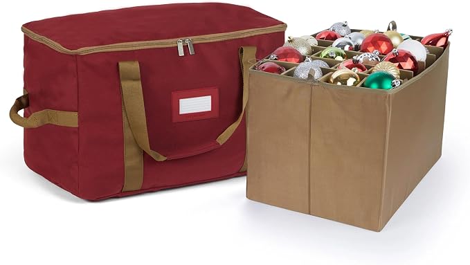 Covermates Keepsakes Adjustable Ornament Storage Bag – Heavy-Duty Polyester, Padded Dividers & FlexGrid Trays – Protective Holiday Ornament Organizer with Handles & Label Window, Red by Covermates