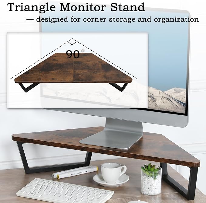 TEAMIX 26 inch Corner Monitor Stand Riser with Keyboard Storage, Espresso | Triangle Monitor Stand, Wood & Metal Computer Stand, Laptop Riser, Desktop Organizer, for L Shaped Desk, Home Office & Gaming - Image 3