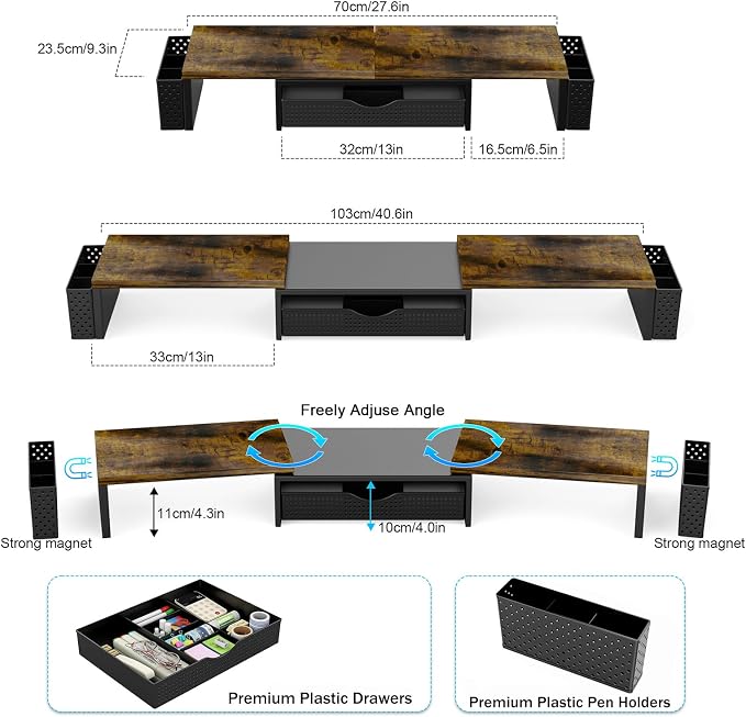Spacrea Wood Dual Monitor Stand Riser with Drawer and 2 Pen Holders | Monitor Riser Desk Organizers and Accessories,Desk Accessories & Workspace Desktop Organizers for Office Supplies - Image 5