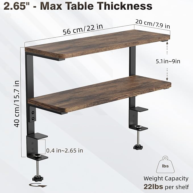 2-Tier Desk Extender, 22-inch Clamp-On Desk Shelf, Height-Adjustable Desktop Shelf Organizer for Monitors Office and Gaming Accessories, Arm Support Table Extension, Dark Brown - Image 3