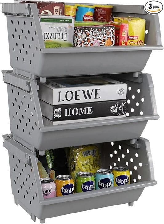 3 Pack Large Open Front Stacking Storage Bins, Plastic Stackable Basket , Gray by CadineUS