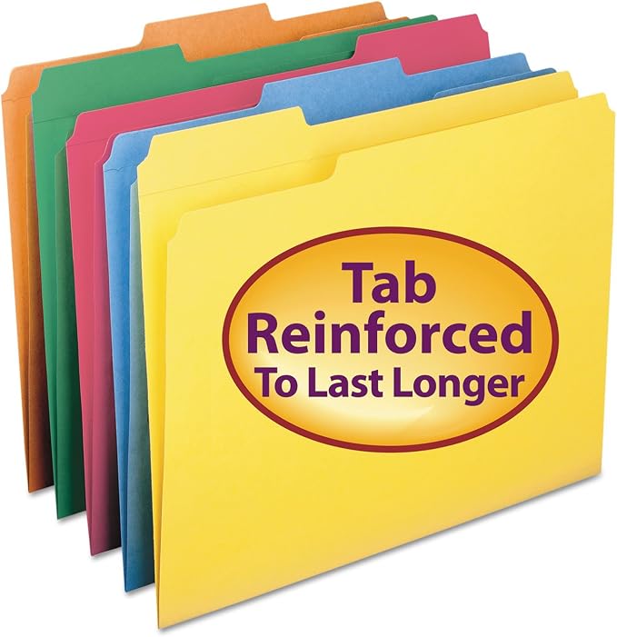 Smead File Folder, Reinforced 1/3-Cut Tab, Letter Size, Assorted Colors, 100 per Box (11993) | Premium colored stock, two-ply reinforced tabs in 3 positions, color-coded home and office drawer filing, SFI certified by SMEAD