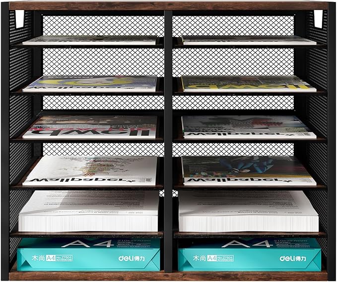 PAG Mass Mail Sorter - Adjustable Mail Holder, Countertop Literature Organizer, Student Mailbox for Classroom, Desktop Bill Paper Organizer for Office Home School, 12 Compartments, Brown - Image 2