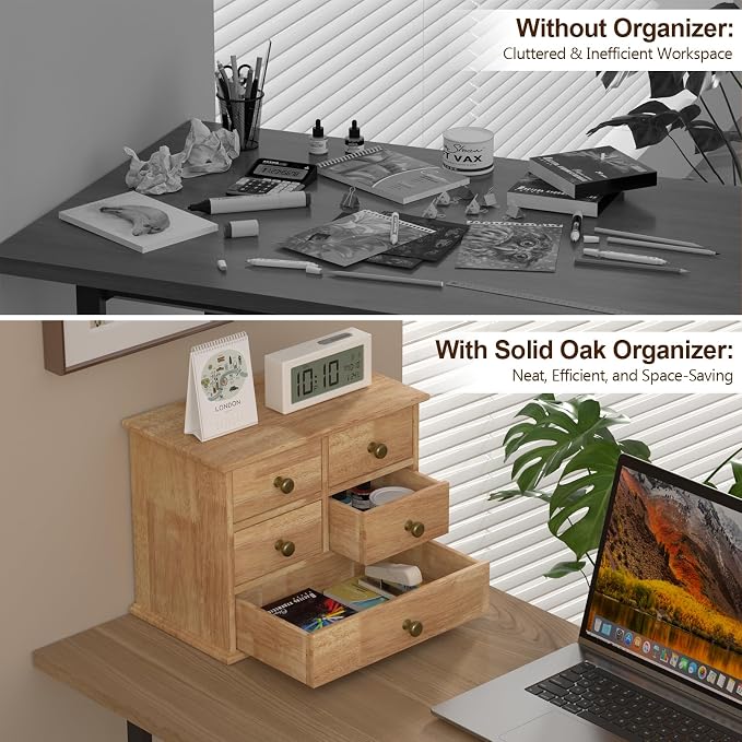 Oak Desk Organizer with Drawers, Durable Wooden Desktop Storage Box | 5 Drawer Tabletop Organizer with Metal Handle & Non-Slip Pad for Office, Bedroom, Bathroom, Vanity, Makeup, Light Burnt Brown - Image 5