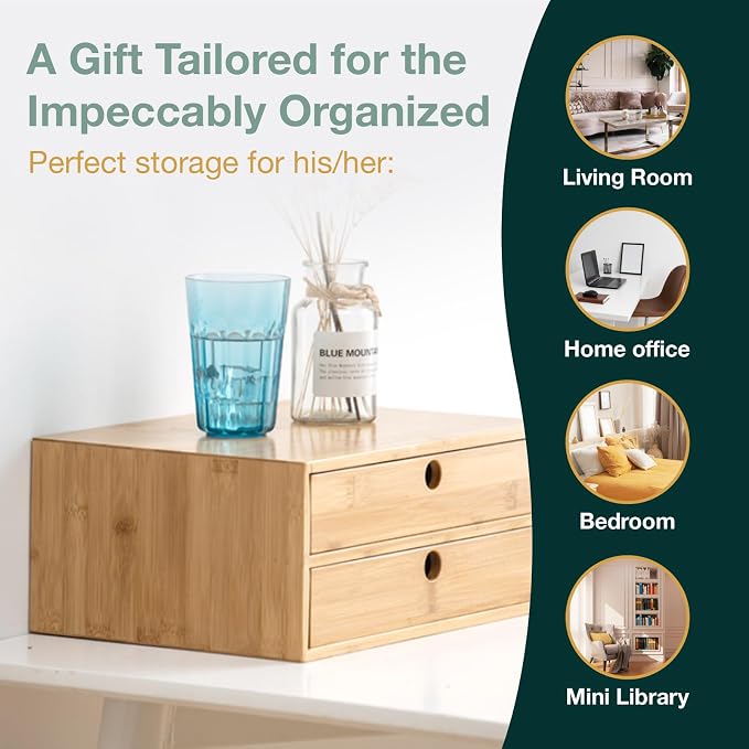 Modular Stackable Set of 3 Bamboo Organizer Desktop Drawers - 1, 2, 3 = 6 Drawers Total Storage Organizer for Desk Accessories, Office Supplies, Makeup Storage - Tabletop Wood Box Stackable Drawers - Image 7