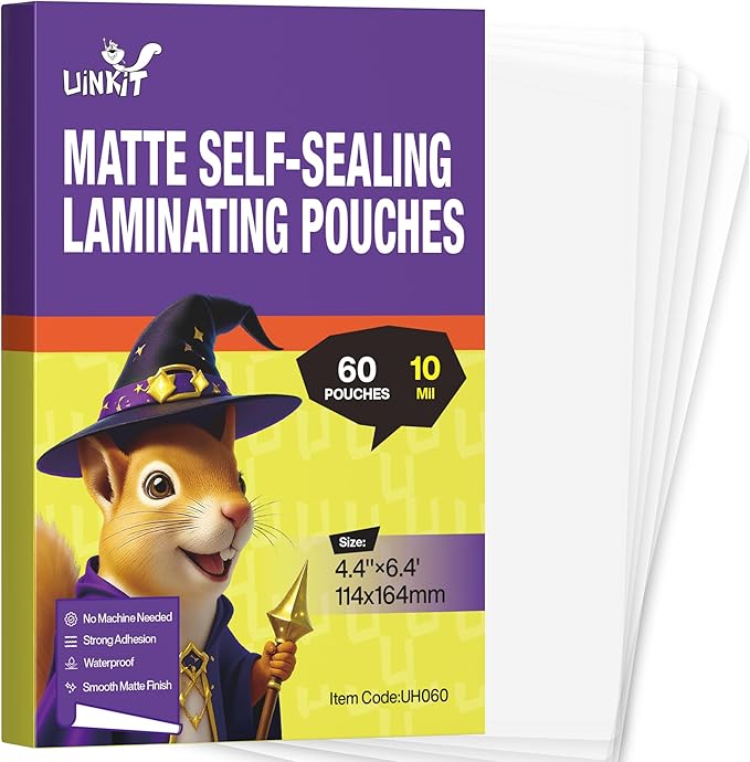 Uinkit 60Pack 4x6 Matte Self Seal Laminating Pouches, 10Mil Thick Double-Sided for Photos & Recipe Cards, Waterproof Anti-Glare Plastic Sleeves to Preserve Pictures, Study Flashcards by UinkitHandicraftsandConservationSpecialist