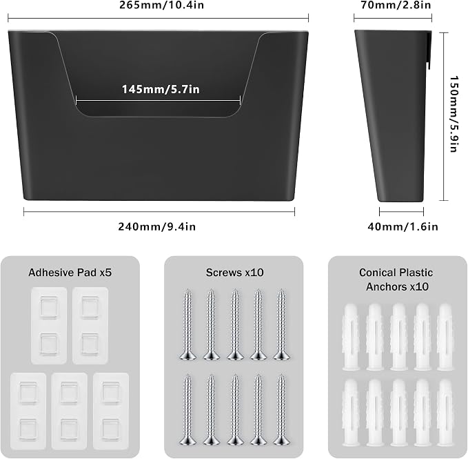 JOMOLA No Drilling File Holder 5 Pack Mail Organizer Wall Mount File Organizer Holder Office Wall Hanging Files Magazines Organizer Plastic Door Mount Wall Pocket with Adhesive Pad, Black Color - Image 2
