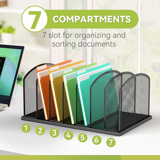 MINDEPOT Desk File Organizer 7 Sections Upright Mesh File Sorter Organizer for Desk, Office Organization File Holder for Home, Office & Classroom (Black, 1Pack) - Image 5
