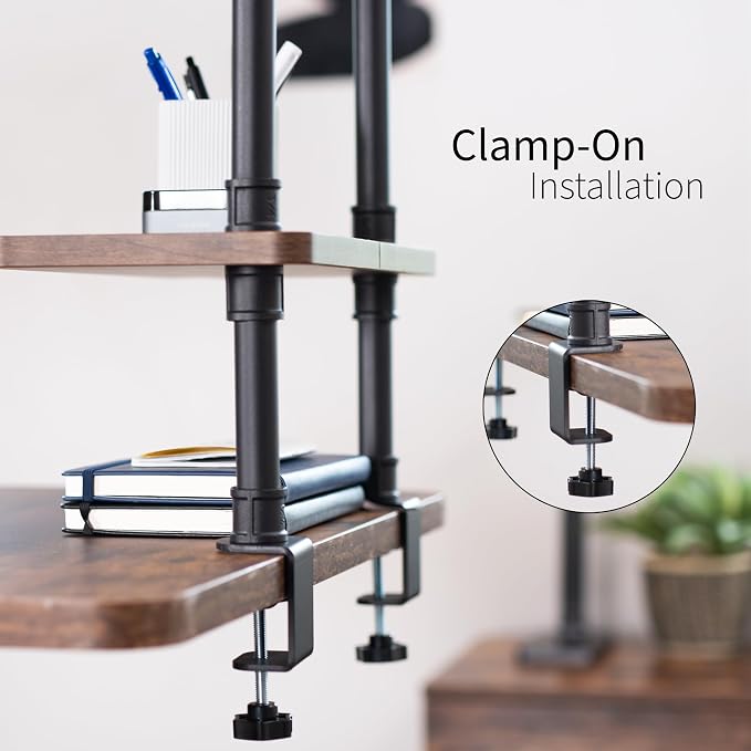 VIVO Clamp-on Premium 16 inch Industrial Pipe 2-Tier Tabletop Shelving, Heavy Duty Desk Extension Organizer, Modern Desktop Display Shelf, Rustic Vintage Brown Shelves, DESK-SHELF16-2N - Image 5