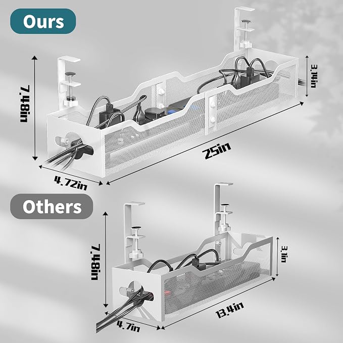 Under Desk Cable Management Tray White, Litwaro Cable Management Under Desk No Drill, 25'' Cable Tray with Clamp for Wire Management, Cord Organizer for Office, Home - No Damage to Table - Image 7
