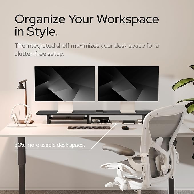 KIVY Dual Monitor Riser With Integrated Metal Shelf [MADE BY HAND] - Wooden Desk Shelf for 2 Monitors - Wide Long Stand for Desk (44 x10x3in - Black) - Image 2