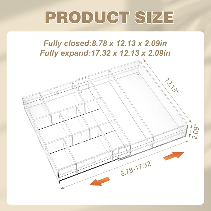 Briwooody Clear Acrylic Drawer Organizer Expandable,9 Compartments,Small | 9'' up to 18'' x 12'' x 2.1'' Desk Drawer Organizer Trays Adjustable with Desk Accessories for Makeup Office Bathroom - Image 2