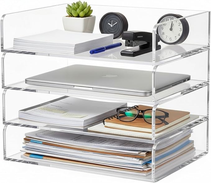 Harloon 4 Tier Paper Organizer Letter Tray Acrylic Desk File Organizer Heavy Duty Stackable Documents Clear Letter Paper Holder Sorter Office Tray for A4, Office Classroom Home File Pad Notebooks by Muasung