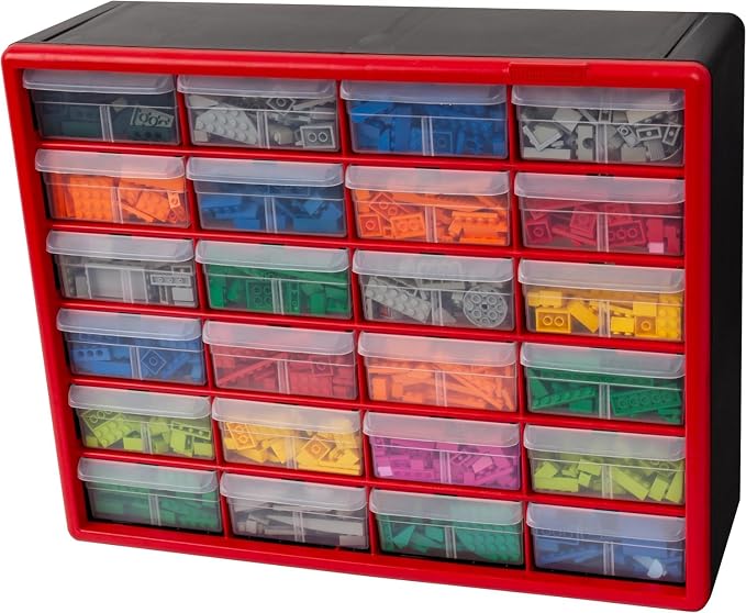 Akro-Mils 24-Drawer Plastic Drawer Storage Cabinet for Garage Organization, Bead Organizer, Building Bricks Storage, Teacher Toolbox, Makeup Organizer, 20-Inch W x 6-Inch D x 16-Inch H, 10124 Red - Image 10