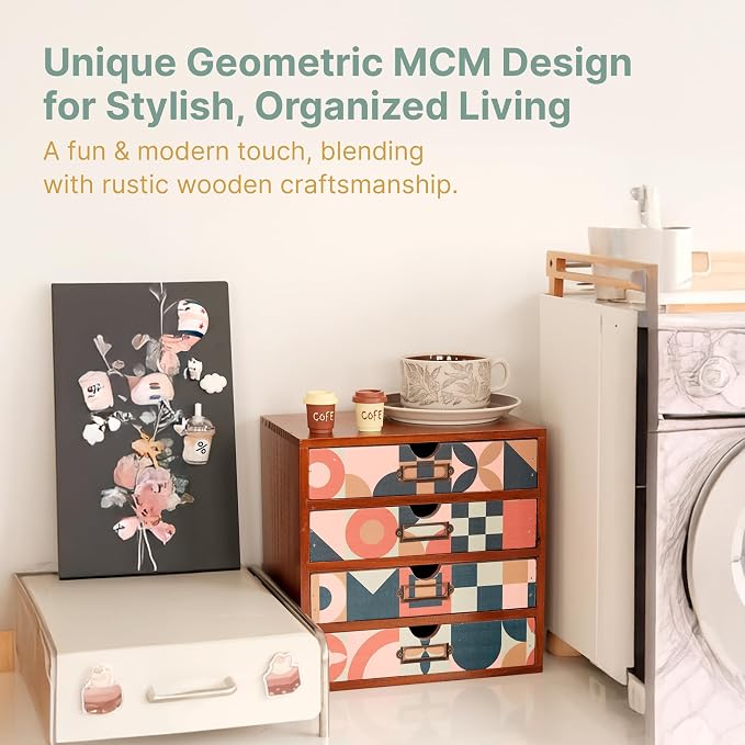 Mid-Century Modern Geometric Pattern Desk Organizer - Earth Tone Desktop Storage with 4-Drawer - Retro Modern Wood Cabinet for Office Supplies, Craft Tools, & Home Organization - MCM Drawer Unit - Image 5