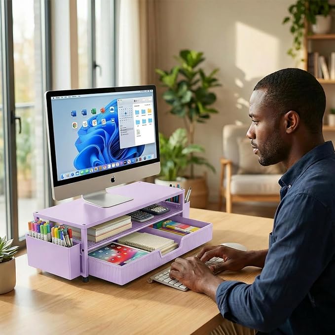 ECOLOVI Desk Organizer and Accessories, 2-Tier Computer Monitor Stand Rise with Storage Drawer & 2 Pen Holders, Laptop & Printer Stand for Desktop, Workspace Organizers for Office Supplies (Purple) - Image 8