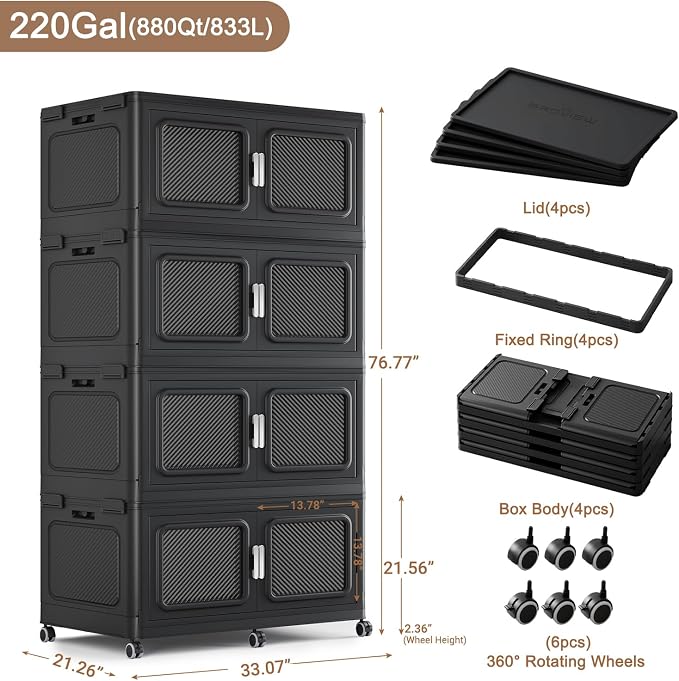 BROVIEW 880 Qt/220 Gal Stackable Storage Bins with Lids, 4 Pack, Black | Large Stackable Storage Boxes w/ 4 Lid Folding Plastic Cart Organizer for Home Kitchen, Open Front Clear Door with Wheels - Image 2