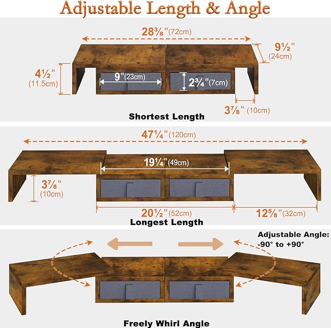 TEAMIX Dual Monitor Stand Riser - Length and Angle Adjustable White Monitor Stand with 2 Drawers to Storage Large Computer Riser for 2 Monitors/Laptop/PC, Wood Screen/TV Stand Desk Organizer (Brown) - Image 4
