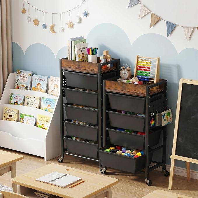 6 Tier Rolling Cart with Drawers, Plastic Drawer Storage Craft Cart with Pegboards & Hooks, Metal Utility Cart with Wheels & Wooden Tabletop, Classroom Office Art Supply Organizers and Storage, Black - Image 2