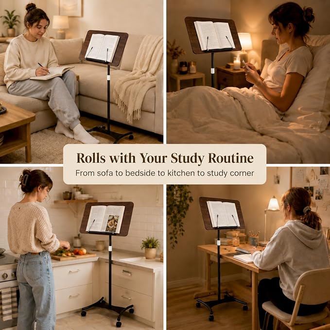 Rolling Book Stand with Wheels, Adjustable Sheet Music & Reading Stand | 16.5 x 11.8 in panel | 19-57 in adjustable height | 360° angle | Lockable wheels | For books, music, tablets - Image 3