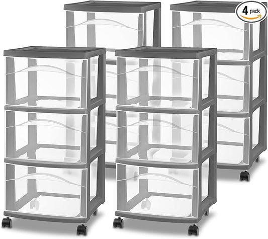 Sterilite 4 Pack 3 Drawer Storage Cart, Rolling Organization, Flat Gray by Sterilite