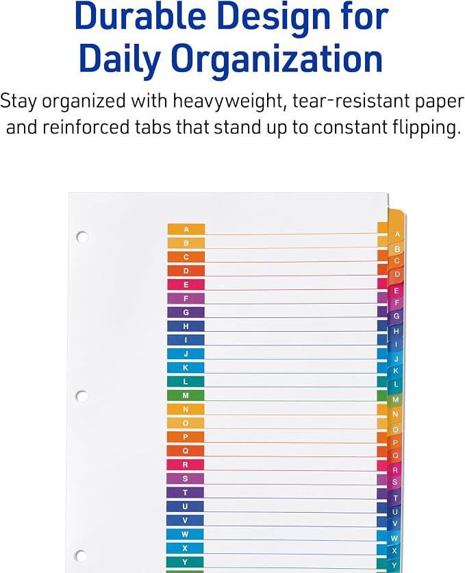 Avery A-Z Dividers for 3 Ring Binders, 26 Tabs per Set, Customizable Table of Contents, Multicolor Tabs, Great for Organizing Reports, Projects, and More (6 Sets of 11832) - Image 6