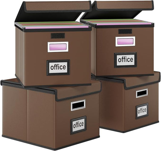 File Organizer Box with Lids, Collapsible File Folder Organizer | File Box with Plastic Slides for Document, Filing Bin for Letter Size Hanging File Folders (4 Pack, Dark Brown, Leather) by Huolewa