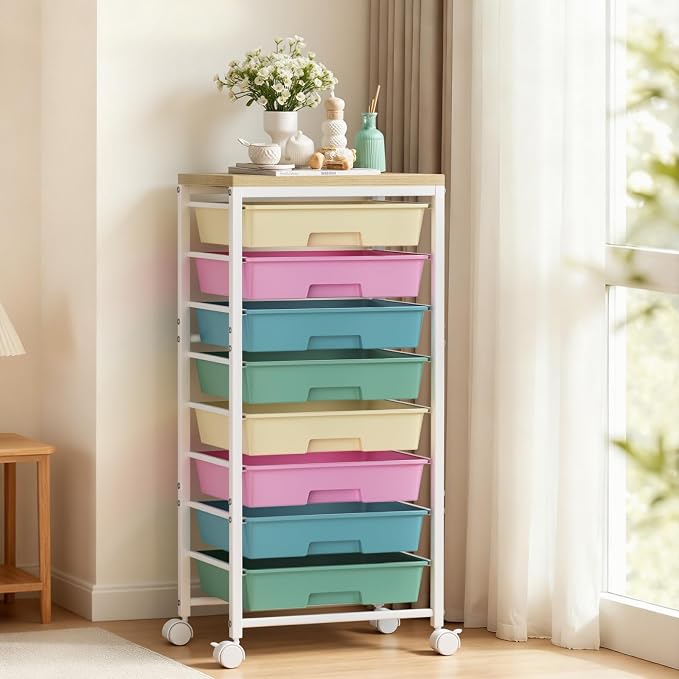 Rolling Cart with 8 Drawers, Plastic Drawer Storage Carts with Wheels & Wooden Tabletop, Metal Utility Cart Organizer for Bedroom Living Room Office Classroom Craft Organization and Storage, Colorful by TimeForest