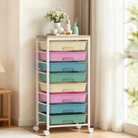 Rolling Cart with 8 Drawers, Plastic Drawer Storage Carts with Wheels & Wooden Tabletop, Metal Utility Cart Organizer for Bedroom Living Room Office Classroom Craft Organization and Storage, Colorful by TimeForest