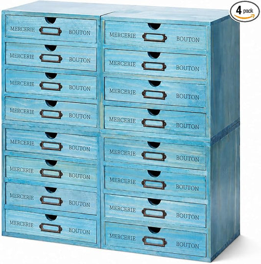 4-Pack Turquoise Countertop Organizer Drawers - Stackable 4-Drawer Mini Filing Cabinets for Desktop - 9.7x7x10in European Country Style Storage Drawers w/Label Holders, Fully Assembled by PrimoSupply