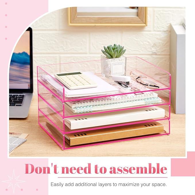 Harloon 4 Tier Clear Hot Pink Acrylic Paper Organizer Letter Tray, Aesthetic Stackable Low Profile Desk File Organizer Modern Heavy Duty Paper Holder Tray for A4, Office Home File Pad Books Notes - Image 3