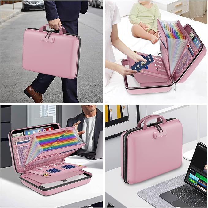 DocSafe Fireproof File Organizer with Lock, Hard-Shell Case Fireproof Document Box with 13 Pocket Accordion File Folder, Portable Home Office Travel Safe Storage for Important Documents Laptop Pink - Image 5