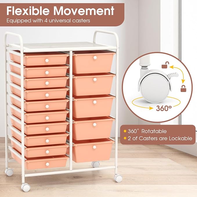 DORTALA 15-Drawer Rolling Storage Cart with Drawers, Rolling Utility Cart w/Removable Drawers & Universal Wheels, Tools Scrapbook Paper Organizer for School, Office, Home, Classroom (Light Pink) - Image 6