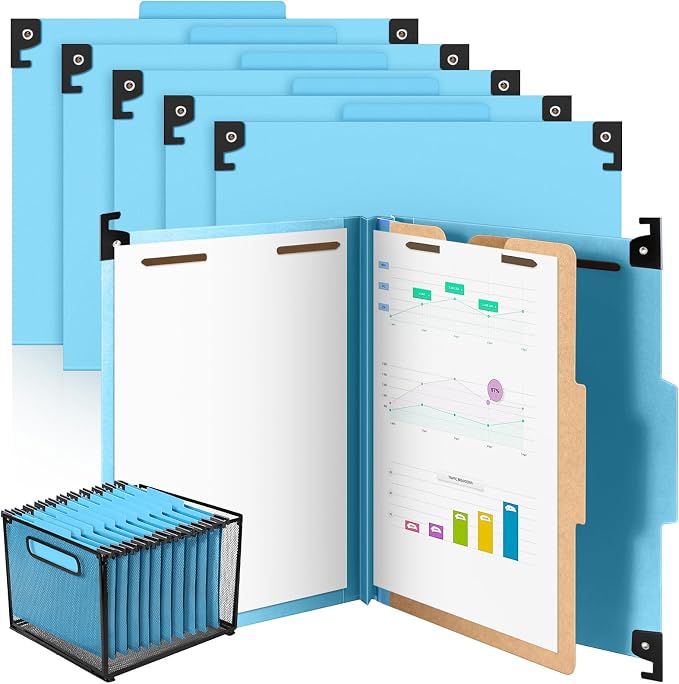 Henoyso 10 Pcs Hanging Classification Folders Bulk with 2 Prongs, 1 Divider Letter Size, 2 Inch Expansions Pressboard File Folder, 1/3-cut Tab File Organizer (1 Divider,Light Blue) by Henoyso