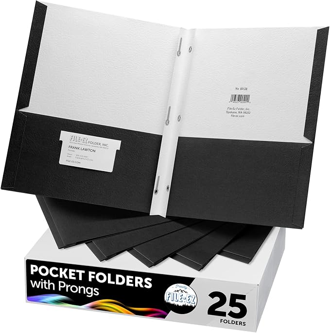 FILE-EZ Two-Pocket Folders with 3-Prong Fasteners, Black Color, 25-Pack, Durable Textured Paper, Matte Finish, Letter Sheet Size (EZ-92505) by FILE-EZ