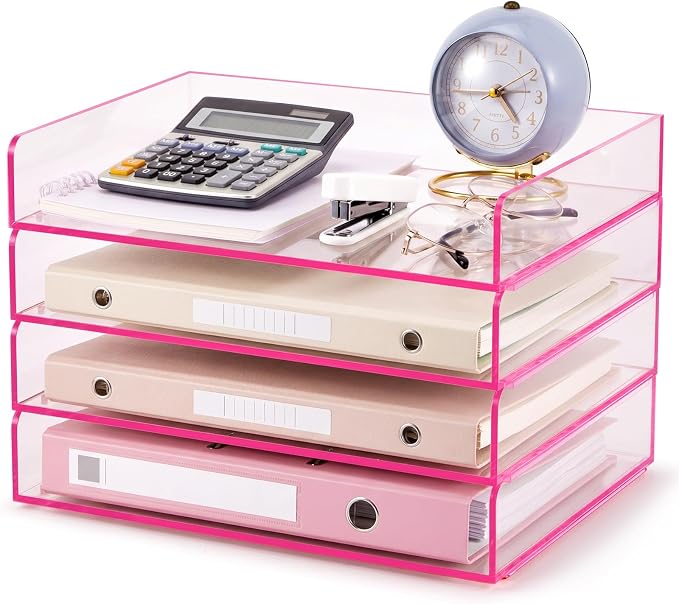 Harloon 4 Tier Clear Hot Pink Acrylic Paper Organizer Letter Tray, Aesthetic Stackable Low Profile Desk File Organizer Modern Heavy Duty Paper Holder Tray for A4, Office Home File Pad Books Notes by Muasung