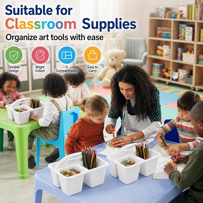 gisgfim 6 Pack Plastic Classroom Caddy with 4-Compartments Plastic Storage Caddies with Handle 4 Compartments Table Caddy Organizer Versatile Table Caddies for Classroom Office, White - Image 5