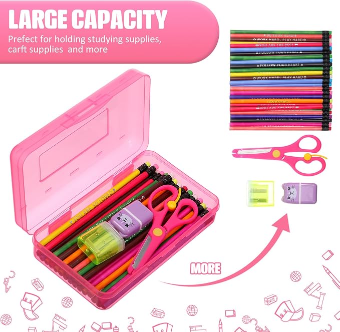 Fainne 24 Pack Pencil Boxes for School Clear Plastic Pencil Case Large Plastic Crayon Box Bulk Stackable Classroom Stationery Organizer School Supplies(Turquoise, Purple, Pink) - Image 4