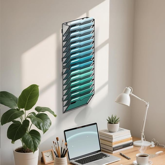 15-Tier Wall File Organizer, Hanging File Holder, Wall Mounted Mail Sorter | Metal Mesh Hanging File Organizer with Open Compartments and Label Panels for Papers and Folders at Home, Office or School - Image 6